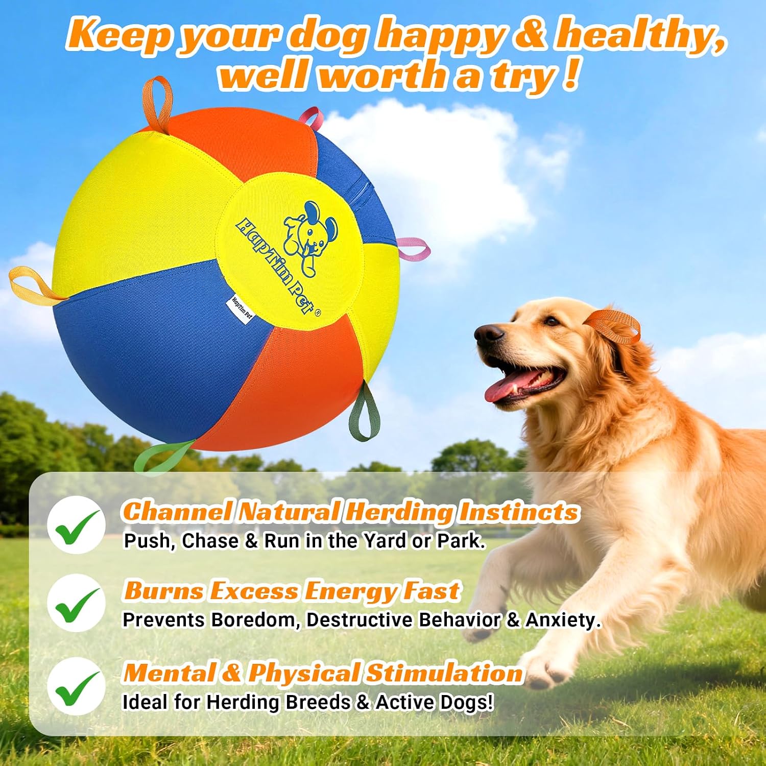 Hap Tim Herding Ball for Dogs Interactive Large Dog Ball with Handles Durable Outdoor Training Dog Toy for Medium to Large Dogs Corgis Australian Shepherd Cattle Dog Border Collie & Horses (NOT for Aggressive Chewing)