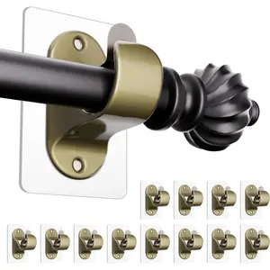 Adhesive Curtain Rod Holder, (12 Pack) No Drill Curtain Rod for Windows No Drilling No Screw, Easy Adjustable Stick on Wall Curtain Rod Hooks Hanging for Bathroom Kitchen Livingroom (Retro Color)