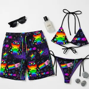 Matching Couple Y2K Scene Rave Rainbow Bikini & Swim Trunks Custom Cyber Graphic Swimsuit Set, Emo Alternative Festival Beachwear, Summer Pool Party Outfit