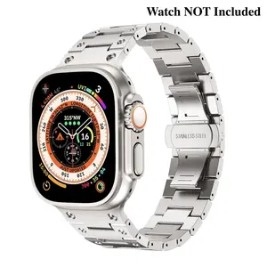 Metal Stainless Steel Band Compatible with Apple Watch All Series 9-1 for Men and Women - Wearable Accessories Smartwatch Straps, 49-42Mm, Butterfly Buckle, Full Metal, Dimpled