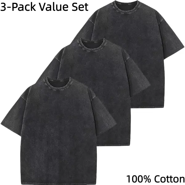 3 Pack Men's Vintage Acid Washed T-Shirts, Heavyweight 100% Cotton Short Sleeve Tops, Oversized Blank Round Neck Tees for Streetwear & DIY, Baggy, Shortsleeve, Menswear, Festive, Distressed