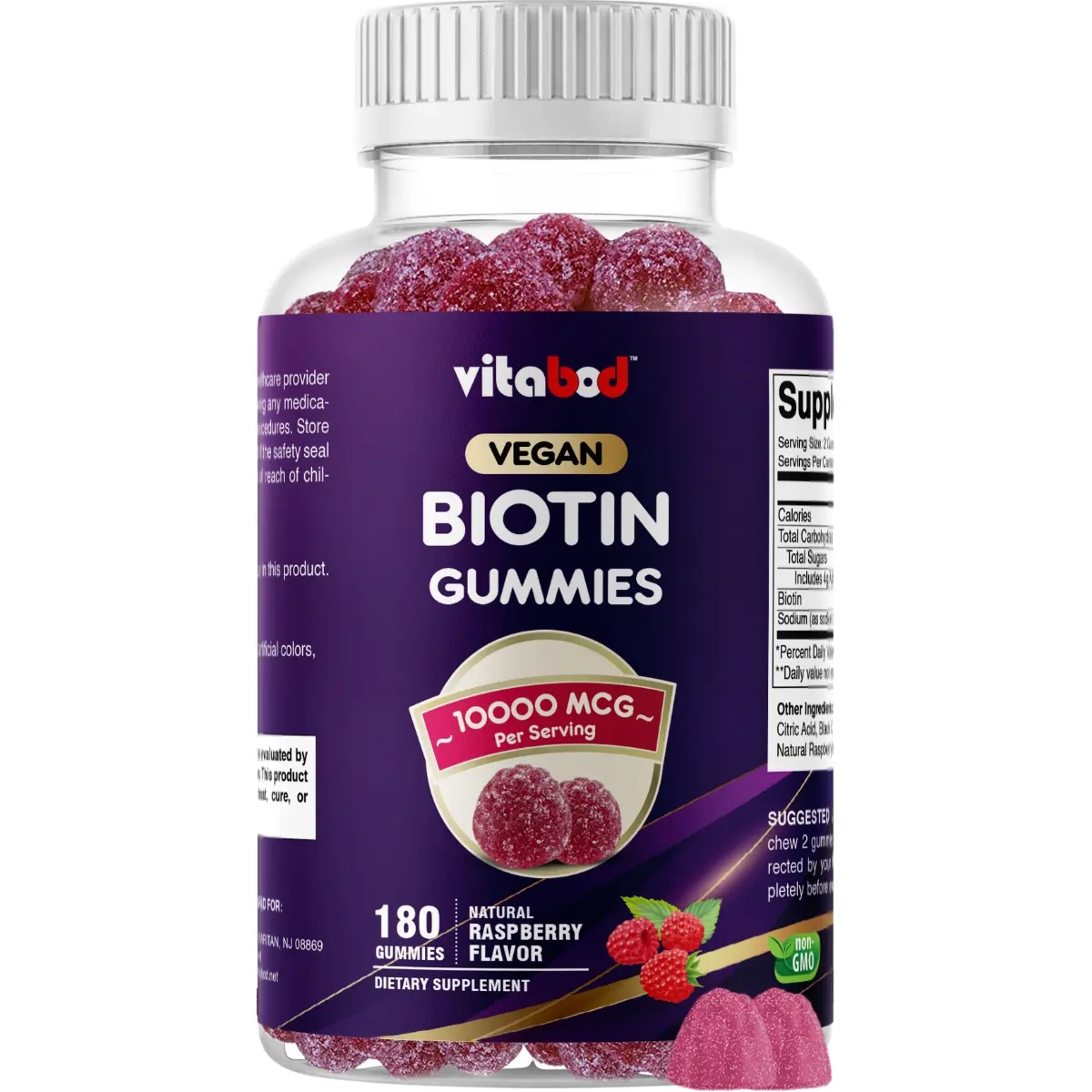 Vitabod Biotin Gummies Vitamins Supplements - 10,000 mcg, 180 Vegan Plant-Based Adult Chewables, Sugar-Free Fruit Gummies for Hair, Nail Care & Skin Support, Non-GMO, Gluten-Free, Delicious Flavor