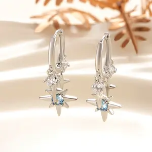 1 Pair Silver Starburst CZ Dangle Huggie Hoop Earrings, 925 Sterling Silver Cartilage Hoop, Hypoallergenic Y2K Star Earrings for Women