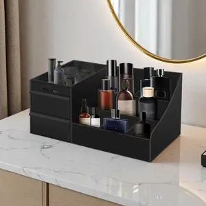 Fashionable Men's Cosmetic Storage Box - Black Perfume Box with 7 Compartments & 2 Extra-Deep Drawers for Skincare & Makeup - Waterproof & Durable - Perfect Gift for Him