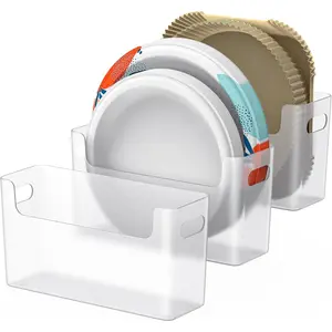 3Pcs Paper Plate Dispenser for 6-9.5 Inch Disposable Plates, Space-Saving Plastic, Foam and Paper Plate Storage Organizer for Cabinet, Countertop, RV or Outdoor (Transparent)