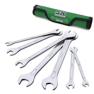 #fathersdaygift SK Super-Thin Open End Wrench Set, Metric 6 to 19mm, 7-Piece, Mirror Krome Finish, Premium CR-MO Construction, with Rolling Pouch