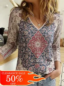 Clearance sale of casual women's ethnic contrasting printed fashionable fitted long sleeved vneck tops Blouse