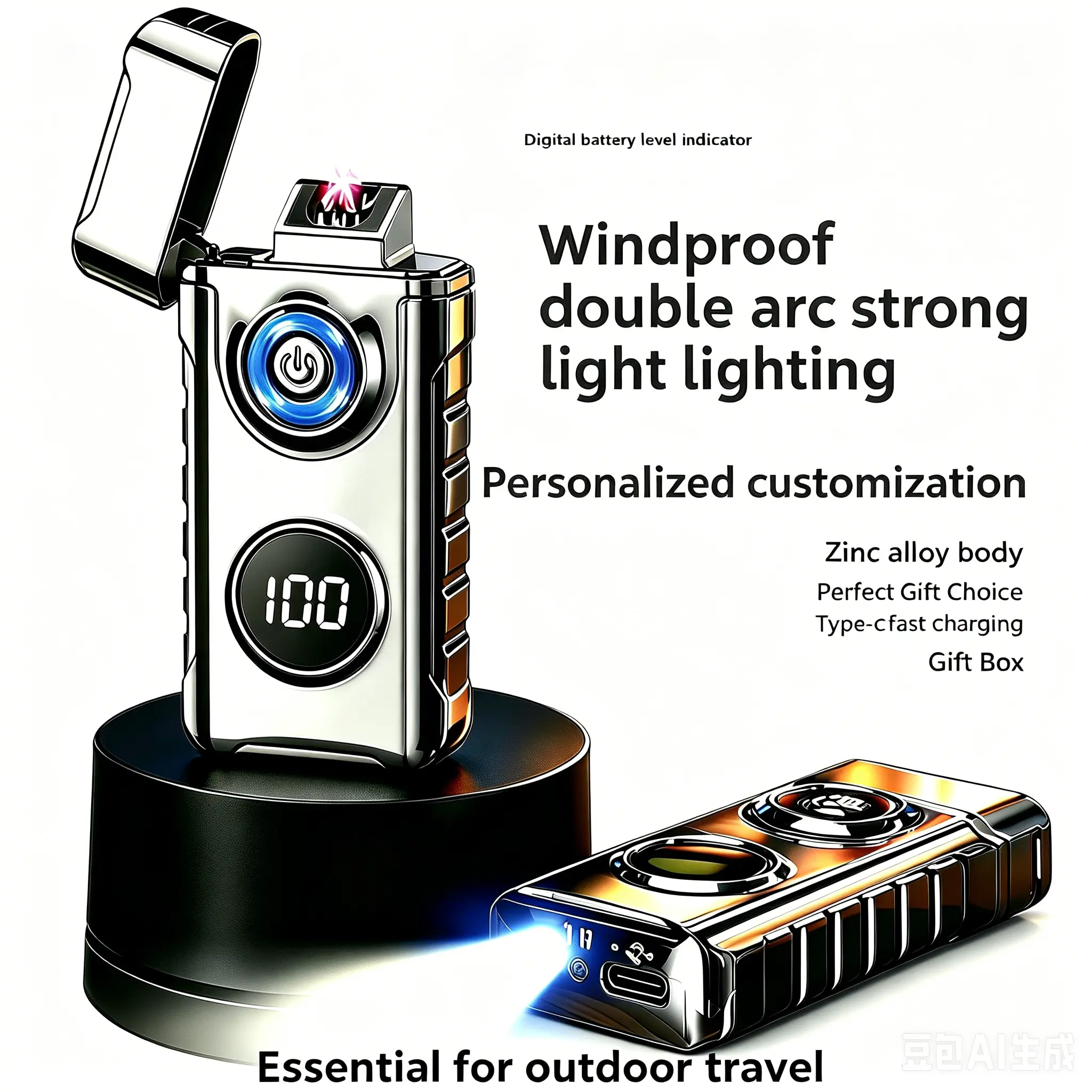 Portable USB Rechargeable Metal Plasma Arc Electronic Camping Lighter - Windproof Flameless Home Supplies Accessory with LED Night Light, Safety Lock, Men's Accessories Collectibles for Adult Candle Use