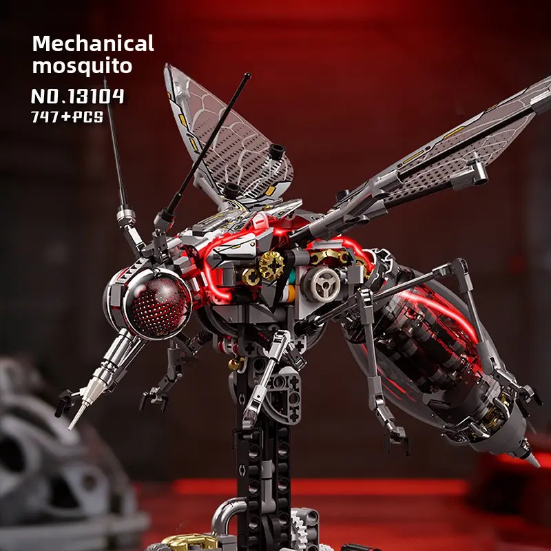 Luminous Motorized Mechanical Mosquito Building Block Set, Red Robotic Insect Model, Electric DIY Assembly Brick Toy, Moving Desk Display Decor, STEM Gift for Boys/Girls, Kids Favorites, Building Block Sets