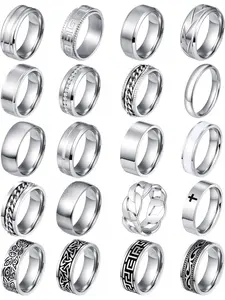 20PCS Silver Rings for Men Stainless Steel Rings Fidget Vintage Signet Ring Set Promise Engagement Wedding Ring Gifts Jewelry 7-13