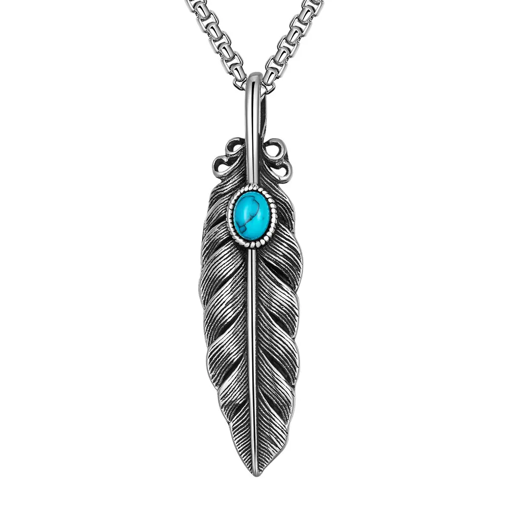 GulCean Women's Turquoise Feather Necklace - 2.62*0.67in Vintage Silver Pendant, 23.6in Titanium-316 Stainless Steel Chain, Non-Tarnish Affordable Fashion Bohemian Freedom Spiritual Jewelry Gift Accessory, Turquoise Stone, Bohemian Jewelry, Turquoise Jewe
