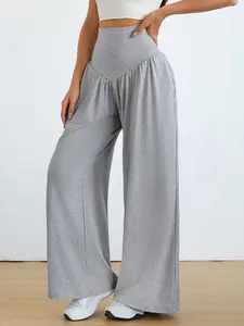Women's Loose Wide-Leg Yoga Pants, High-Waisted Pleated Waistband, Pocket Design, Casual Running Long Pants, Comfortable and Stylish, Gym Sportswear Bottoms, Fitness Pants