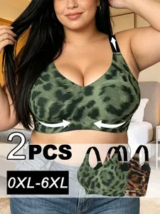 2pcs plus-size shape-enhancing underwire-free bras with leopard print design. They fit different breast shapes perfectly, are skin-friendly, Breathable and sweat-resistant, suitable for daily wear and light exercise, Leopard Pattern Bra, Underwear