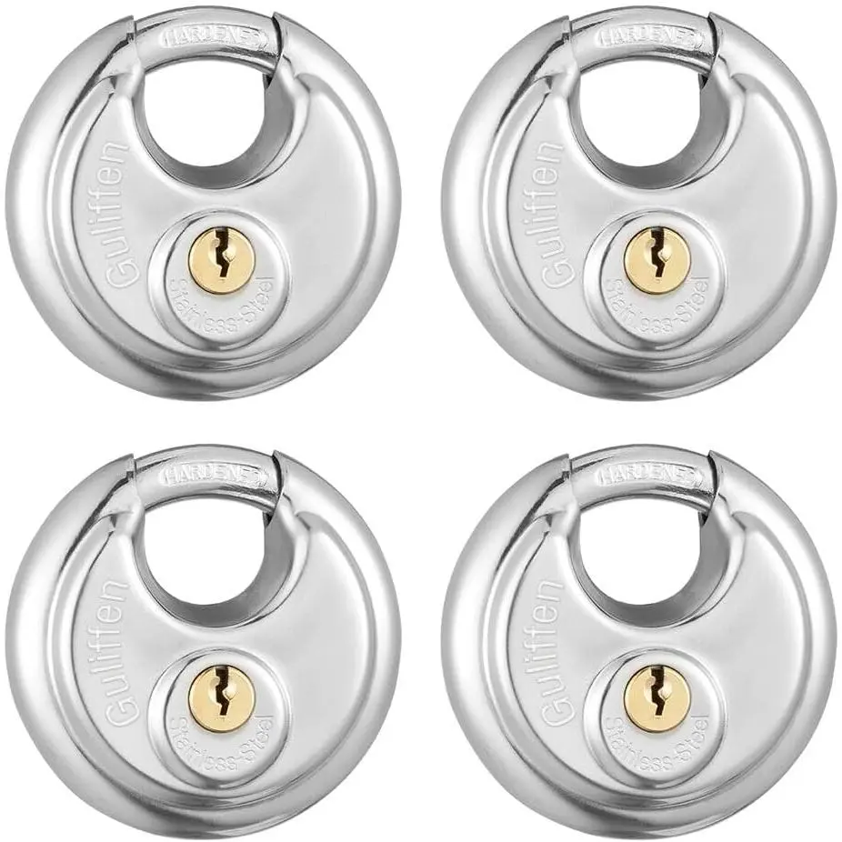 Stainless Steel Disc Padlocks 4 Pack, Secure Keyed Alike Locks for Storage Units and Trailers, Durable Weatherproof Padlocks with Keys, Heavy Duty Lock Set for Sheds, Garages and Toolboxes wall hook