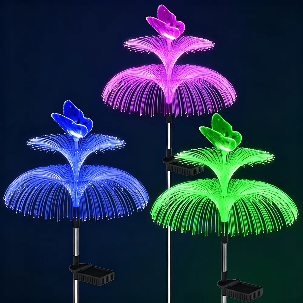 2 Sets Solar Garden Lights, Newest Solar Outdoor Lights Decorative, 7 Color Changing Double Jellyfish and Butterfly Solar Flower Lights for Christmas Pool Outdoor Yard Garden Decor
