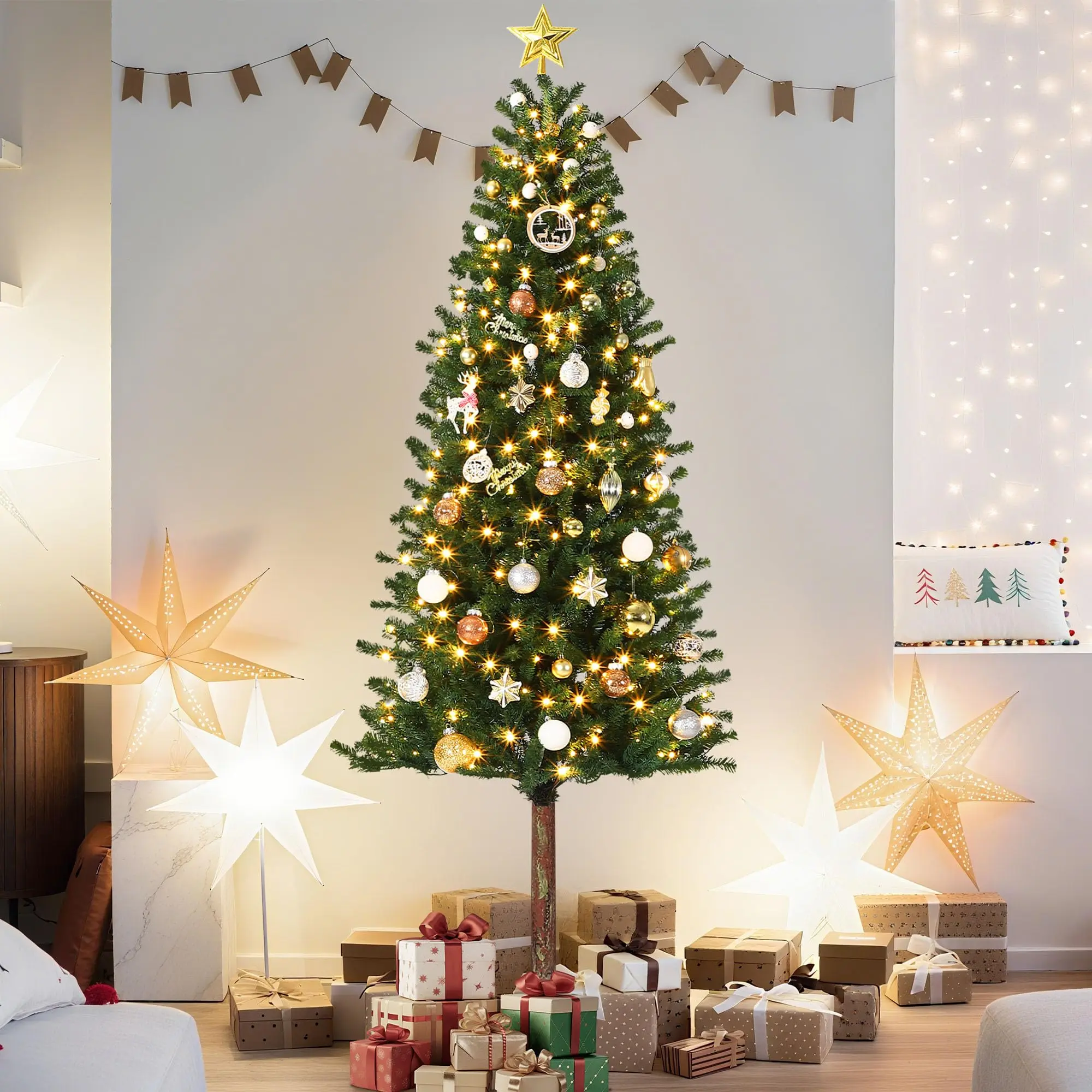 Gaomon Round Classic PVC Prelit Slim Pencil Artificial Christmas Tree - 6ft/7.5ft/9ft/12ft, LED Lights, Stable Metal Stand, Decorative Ornaments, Full Appearance, Holiday Decoration, Party Decoration, Indoor Outdoor Room Decor