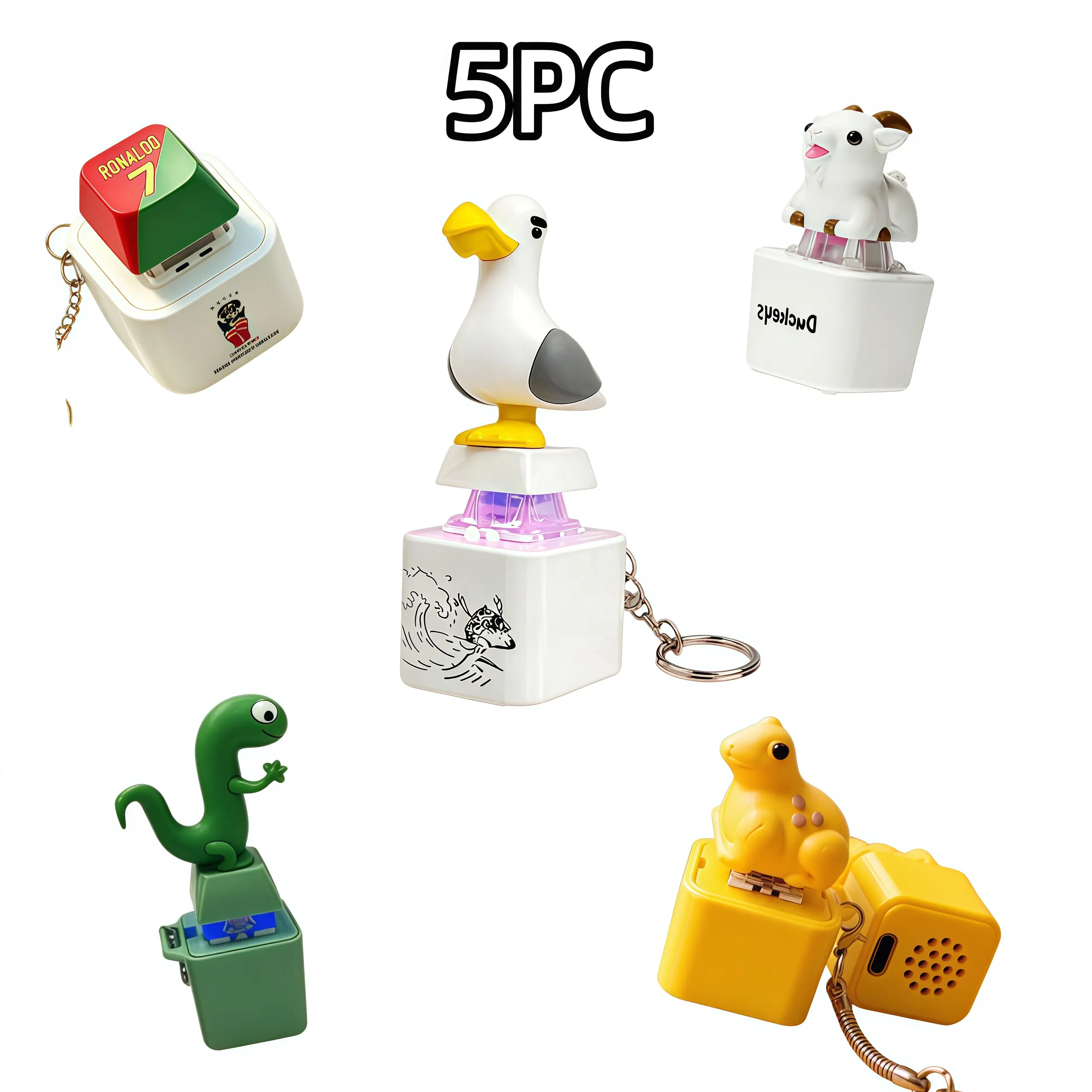 5PC Birthday Gift | Holiday Present | Party Favor Cute Seagull Button Keychain with Real Sound & LED Light, Funny Interactive Fidget Toy Key Ring, Novelty Stress Relief Toy, Unique Prank Gift for Friends Family Teens