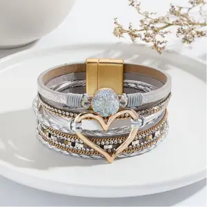 Elegant Bohemian Heart Magnetic Clasp Bracelet, Multi-Layer PU Leather, Woven Design, Crystal Accents, Heart Pendant, Jewelry Bracelet Design
