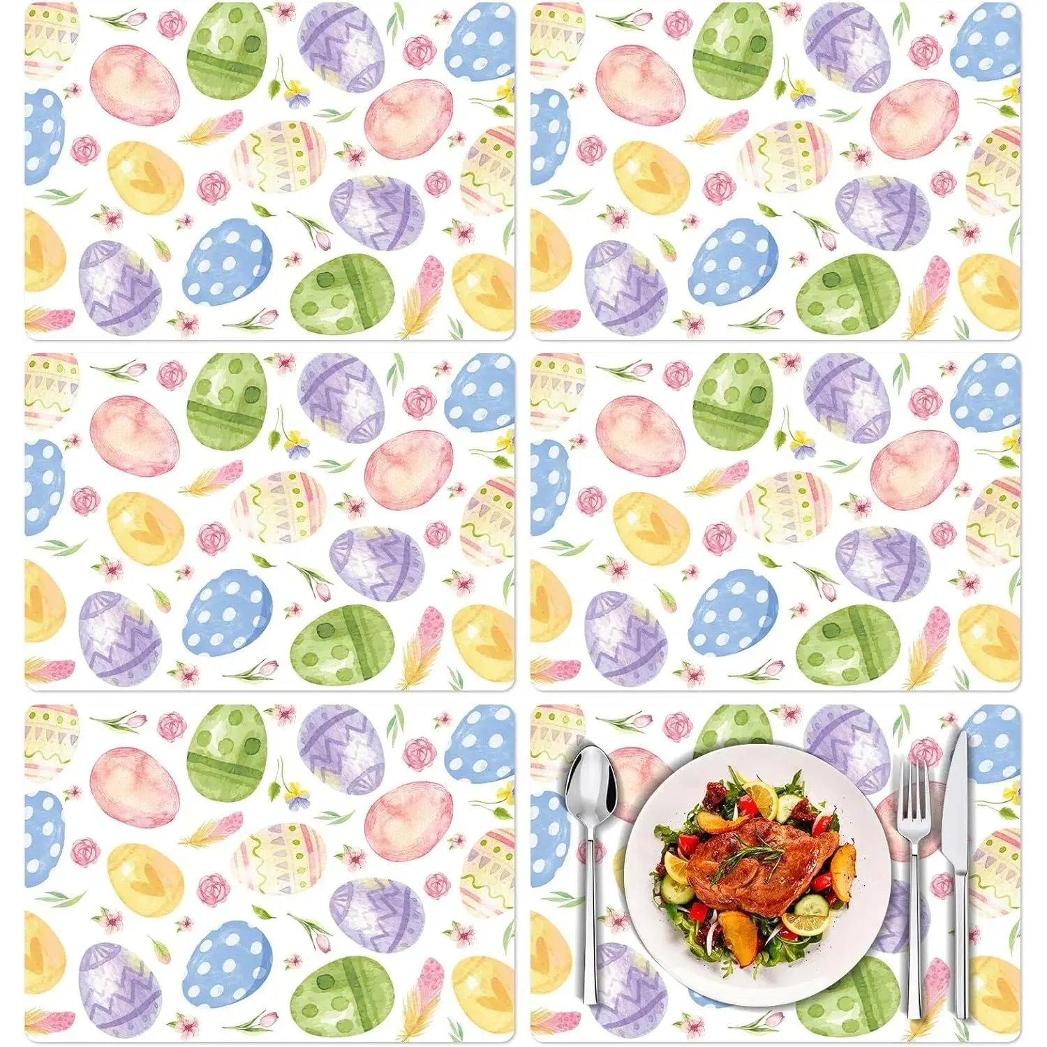 Watercolor Easter Eggs Vinyl Placemats Set of 6 (11x15.7in) - Washable Kitchen Dining Tableware, Birthday Holiday Party Decor, Compact Storage Spring Accessories