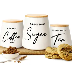 Fifth Fork 3pc Airtight Ceramic Canister Set for Coffee, Tea & Sugar, Coffee Bar or Countertop Kitchen Storage Container