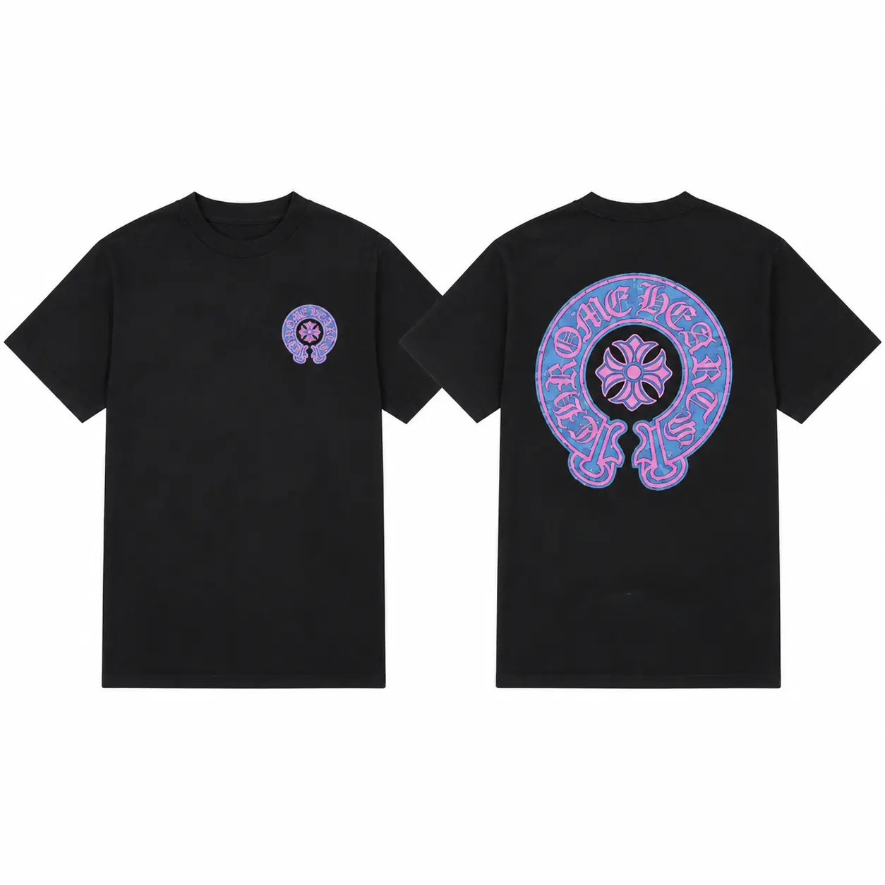 Gothic Horseshoe Cross Graphic Shirt, Ornamental Back Print Tee, Two Sided Y2K Streetwear T-Shirt
