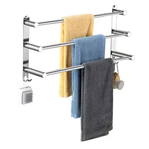 3-Tier Stainless Steel Wall-Mounted Towel Rack, Freely Retractable 20-30 Inches Ladder Bath Rack, Strong Hole-Free Installation, Space-Saving for Bathroom & Washroom, Wall-Mounted Towel Racks