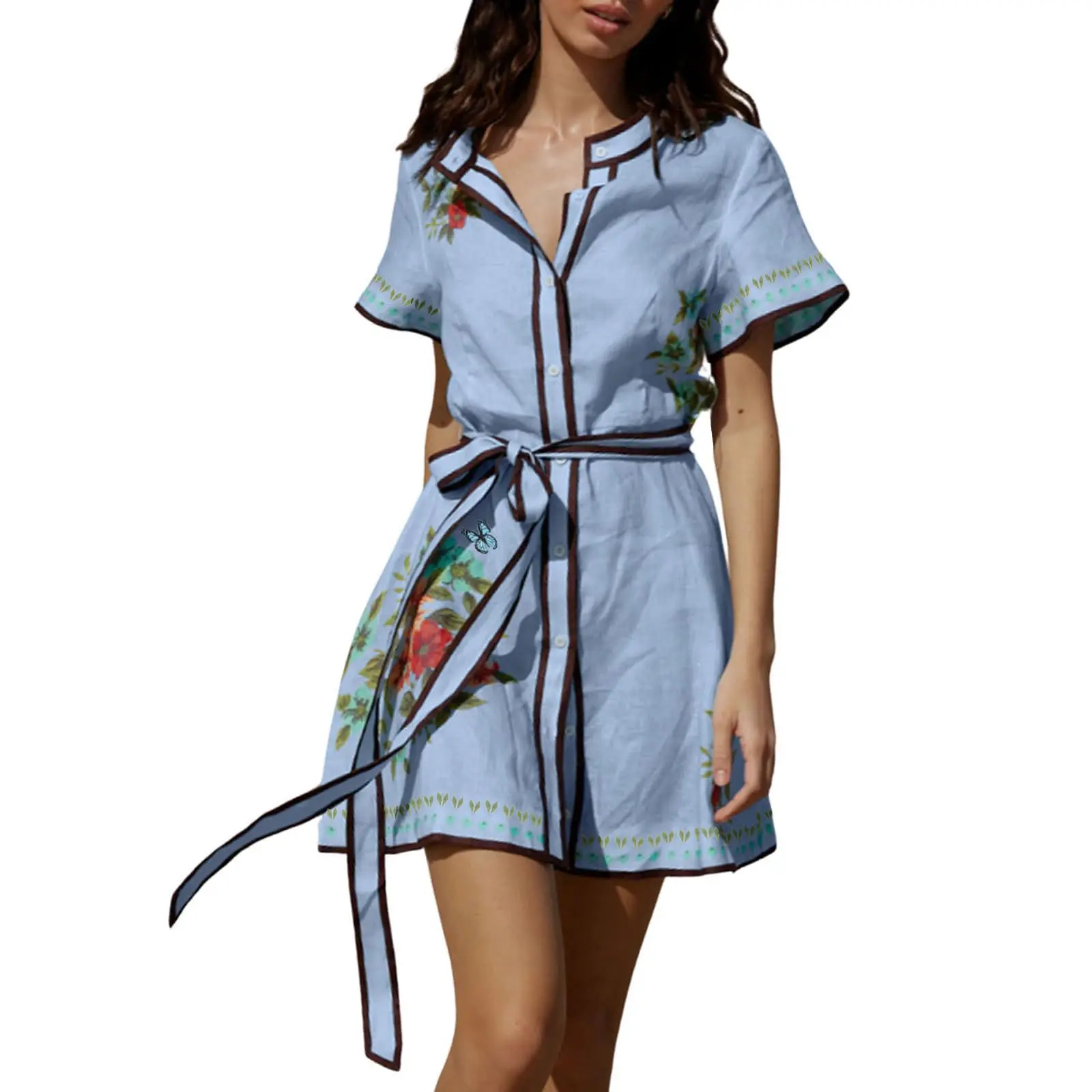 CHARTOU Women's Floral Linen Button Down Wrap Tie Knot Boho Beach Shirt Dress with Belt, Y2k, Shortsleeve