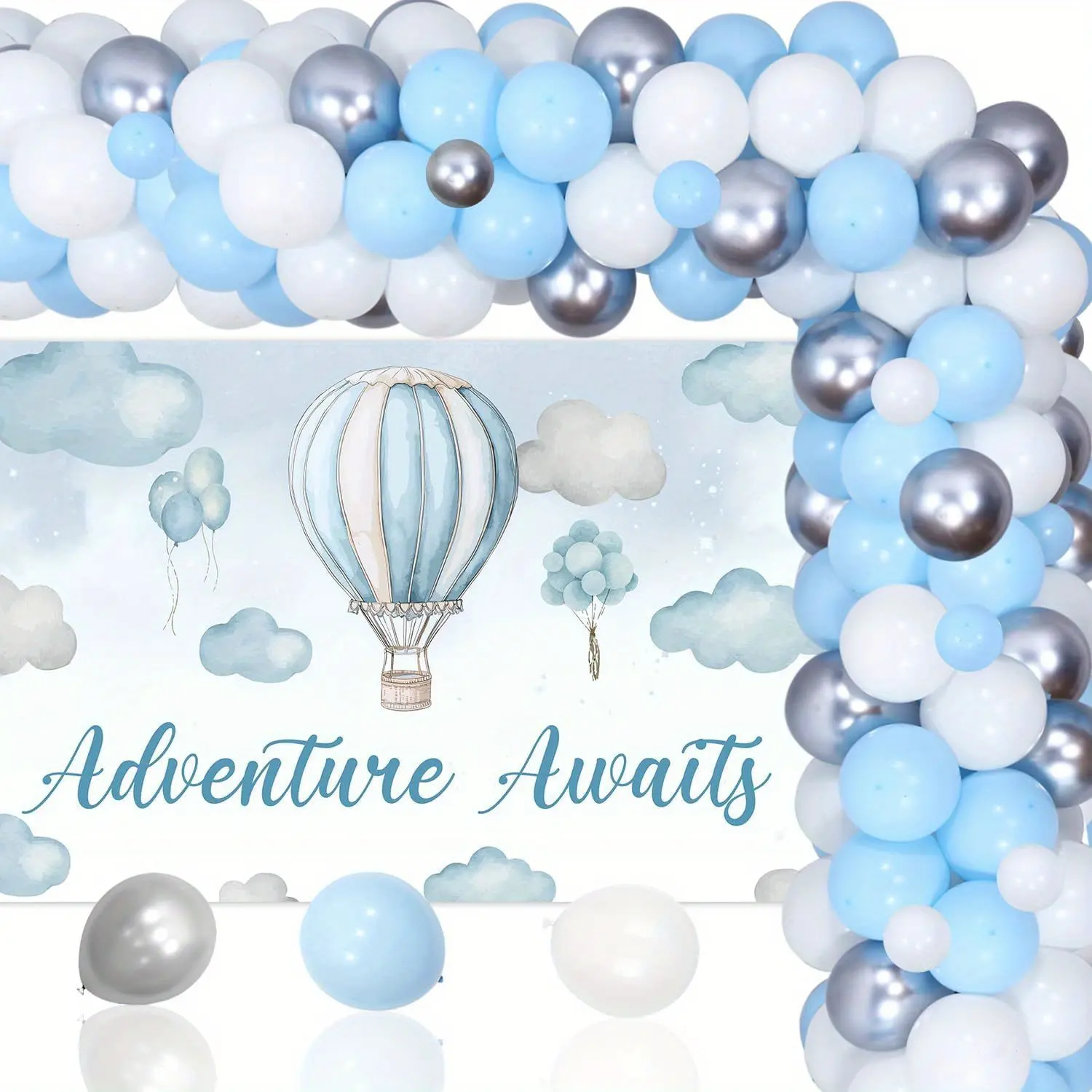 1Set Blue Hot Air Balloon Backdrop Kit - Latex Balloons (55pcs 12inch,15pcs 5inch),5m Chain,2 Rolls of 10m White Ribbon, Garland Arch for Boys Baby Shower Travel Adventure Decorations