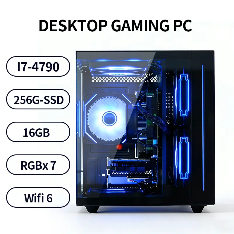 Suevery Prebuilt Gaming PC Desktop Tower Computer - Intel Core i7-4790 3.6GHz, 16GB DDR4 RAM, 256GB SSD, 7 RGB Fans, WiFi 6, HDMI/VGA Ports, Gamingpc, Desk Top Computer Pc