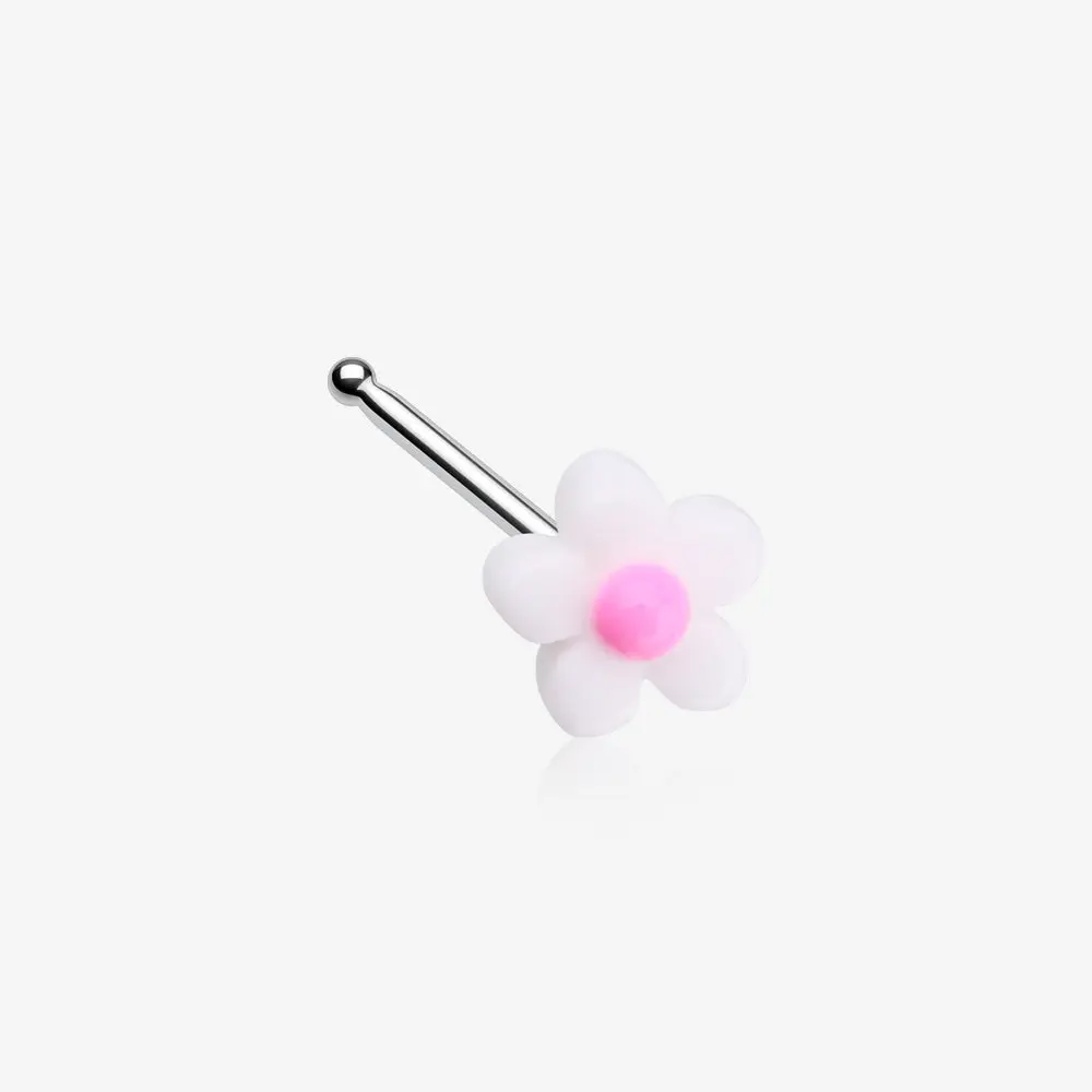 Kawaii Pop White Pink Flower Nose Stud Ring 20 GA Acrylic & 316L Stainless Steel Piercing Jewelry for Nostril Piercings