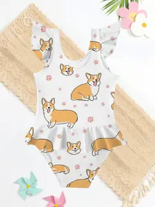 Comfortable Fashion Summer Girls' Casual Cool Dog Print Jumpsuit, Cute Sleeveless One-Piece Swimsuit, Birthday Gift, Beach, Outdoor, Swimwear