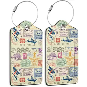Travel  Luggage Tags for Suitcase,2 Pack Retro Passport Carte Postale Luggage Tag Leather  Cover ID Label with Stainless Steel Loop for Women Men  Girls