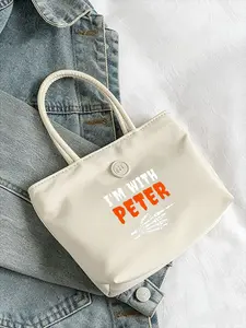 Minimalist Off-White Canvas Tote Bag - Structured Design with Fabric Handles, "I'M WITH PETER" Printed Text, Button Closure, Lightweight and Versatile for Daily Use, Shopping, and More