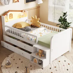Twin Size Low Loft Bed Frame with LED Lights and Storage, Wooden Twin Loft Bed with House Shape Headboard, Kids Loft Bed Frame with Storage Drawers, No Box Spring Needed