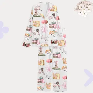 Paris Travel Print Pajama Set, Satin Button Up PJs, French Macaron Sleepwear, Gift for Her