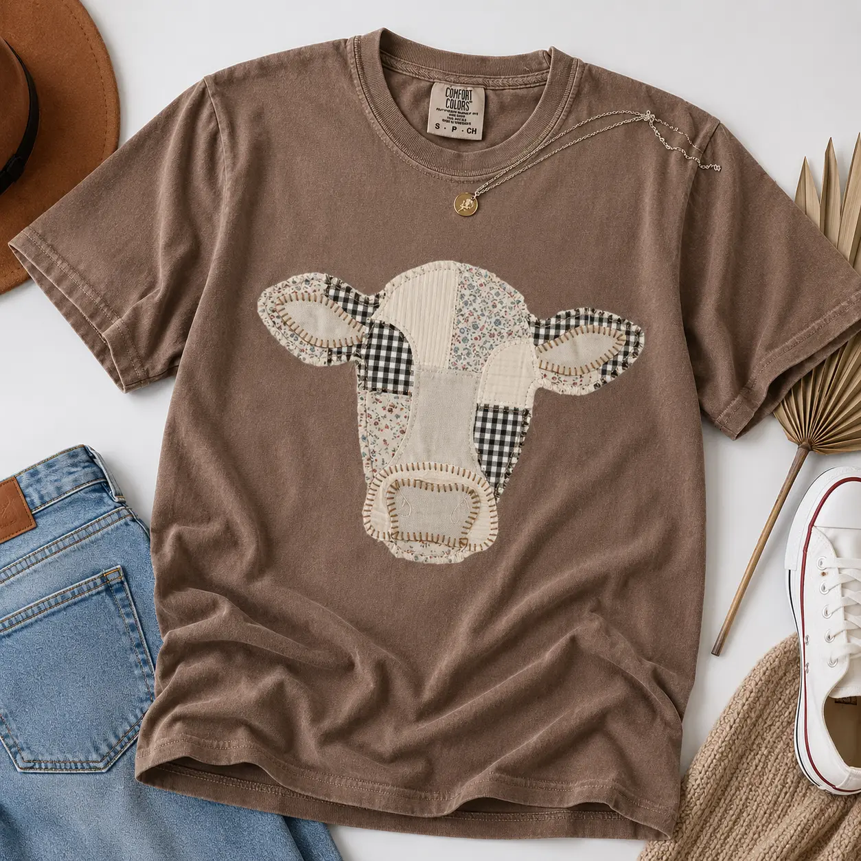 Comfort Colors Patchwork Cow T-Shirt, Quilted Farm Animal - Printfamily, Easy Tee For Shifts And Off-Duty Wear, Cotton