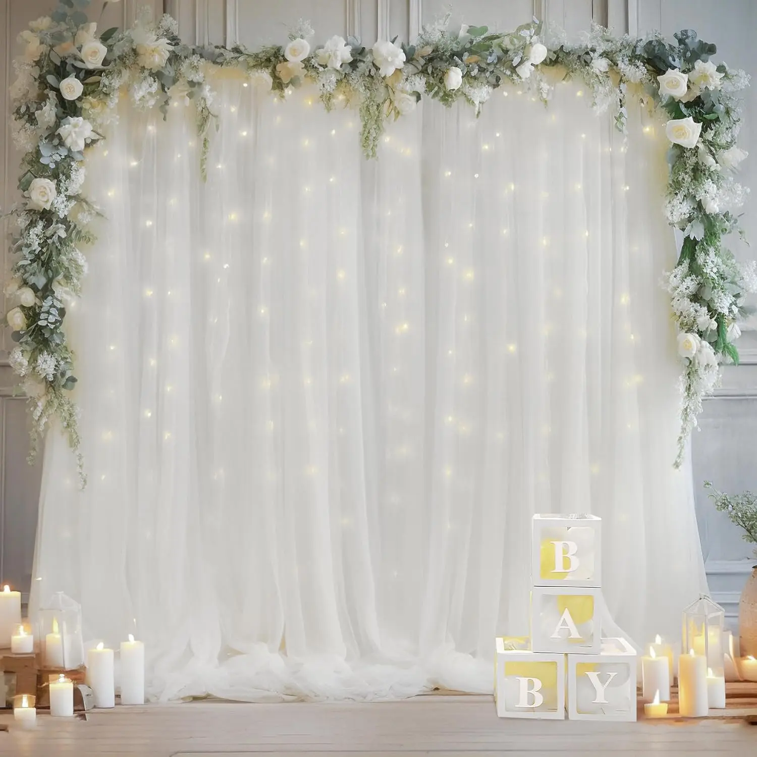 10x10ft White Sheer Tulle Backdrop Curtains with String Lights, Backdrops for Photoshoot, Indoor Decor for Wedding Parties, Indoor Photo Backdrops