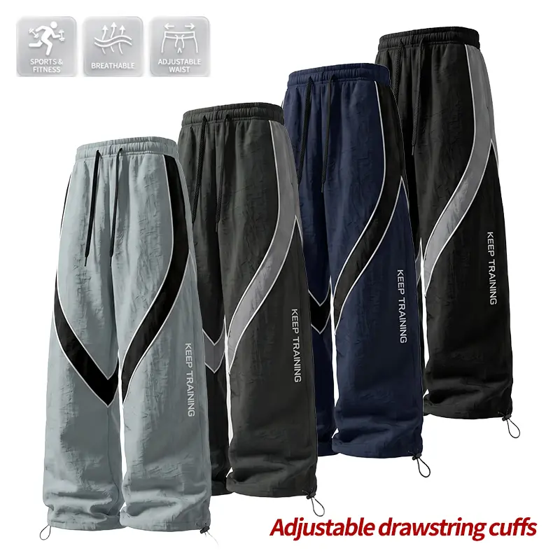 Fashion Menswear Men's Lightweight Straight-Leg Long Pants, Elastic Waistband, Adjustable Drawstring Cuffs, Breathable Durable Fabric - Ideal for Sports Fitness, Everyday Casual Wear (Summer-Autumn Essential)