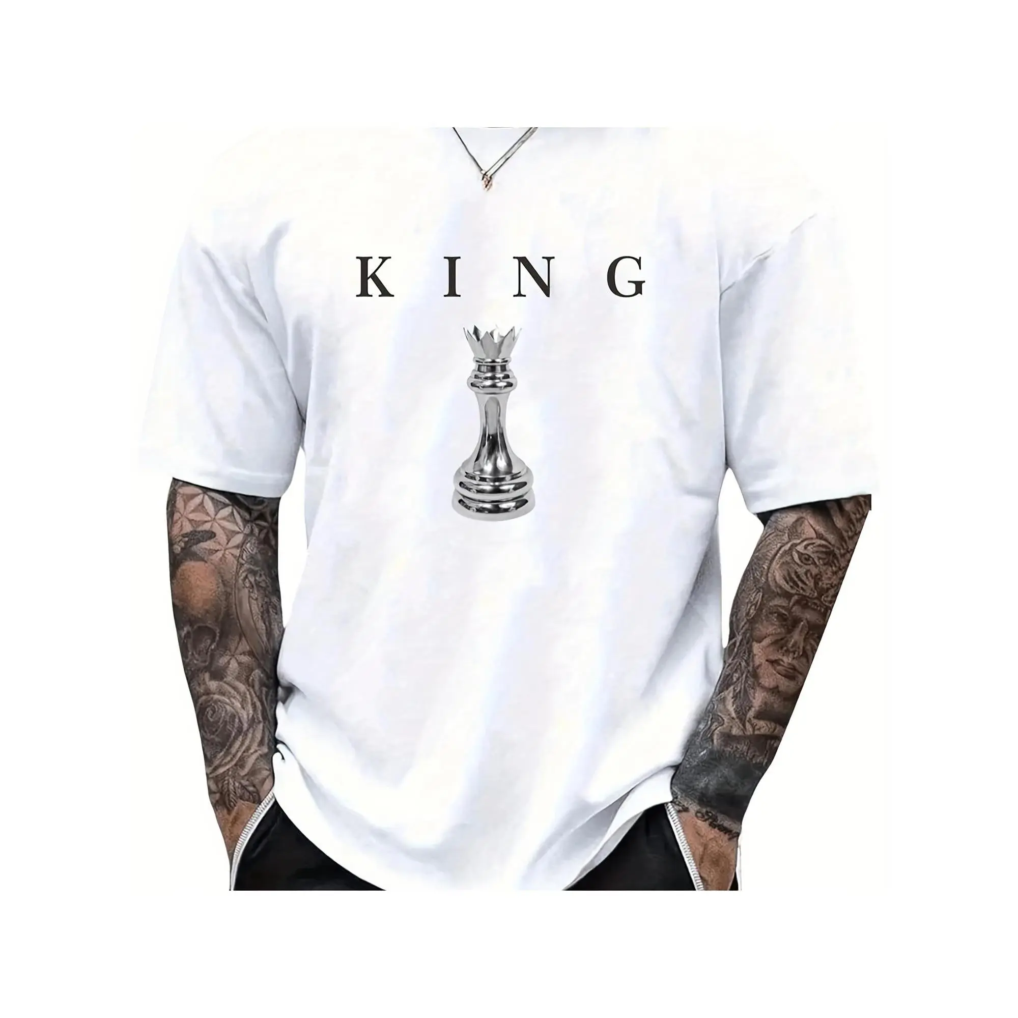 King Men's Chessboard Printed T-shirt (including Chess King, Chess Queen, Chess Car, and Soldier) - Soft and Breathable Cotton Casual Round Neck Shirt, Suitable for Chess Competitions and Daily Wearing -180g Four Seasons Universal