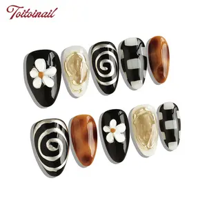 Tortie Floral Handmade Press-On Nails, Glossy Fake Nails, Short Almond Shape, 10pcs, Retro Mix Design, Tortoise Shell Base & Hand Drawn Flower & Gold Foil & High Gloss Accents, Reusable DIY Nail Kit for Women, Diy Nail Art, Trendy Nails