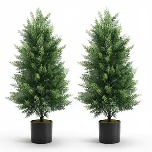 Joyooss Artificial Topiary Cedar Tree,3FT Faux Outdoor Plants Front Porch Decor 2 Set Evergreen Shrubs Fake Cypress Trees with Flowerpot for Home Living Room Front Door Faux Outdoor Plants Decor