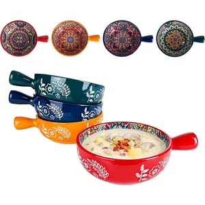 22 Oz soup bowls with handles set of 4-6 Inch Porcelain french onion soup bowls oven safe - Stackable Soup Crocks for Pasta, Beef Stews, Cereal, Bohemian Dishwasher Safe