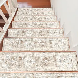 GZN 15pcs Light Gray Textured Pattern Printed Stair Treads, Non-Slip Stair Carpets, Protective Step Rugs, Bordered Stair Mats for Home Decor, Indoor Room Accessories for Bedside, Suitable for Indoor/Outdoor Stairs, Wooden or Hard Surfaces