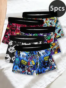 Men's Underwear, Boxer Shorts Printed Design Men's Underwear, Four Seasons Daily Casual Wear Men's Flat Corner Underwear, Size S-XXL, 5-Pack, Guys Clothes, Casual Style Underwear