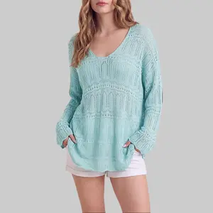 Shewin 2026  SummerVibes Knit Tops Women's V-Neck Long Sleeve Crochet Hollow Out Loose Fit Casual Blouses