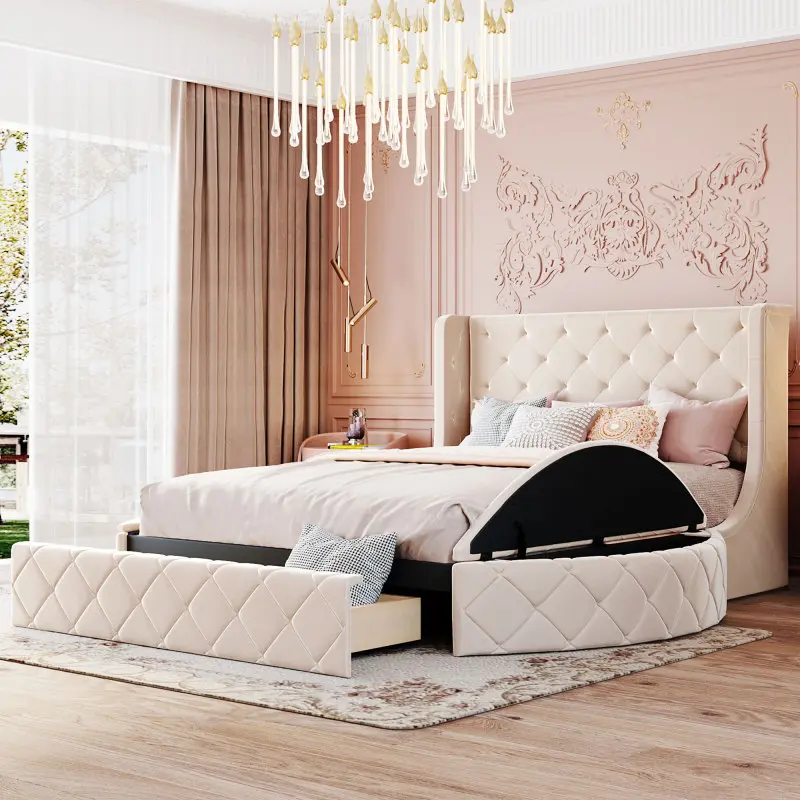 【Bellemave】Upholstered Platform Bed Queen Size Storage Velvet Bed with Wingback Headboard and 1 Big Drawer,2 Side Storage Stool(Beige)