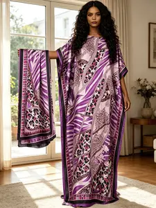 1dress+1scarf Luxury Lilac Purple Leopard Geometric Gold Rhinestone Kaftan Abaya, Oversized Satin Flowy Maxi Dress with Headscarf, Modest Swimwear Cover Up, Plus Size High‑End Vacation & Evening Outfit, Muslim Resort Wear for Women