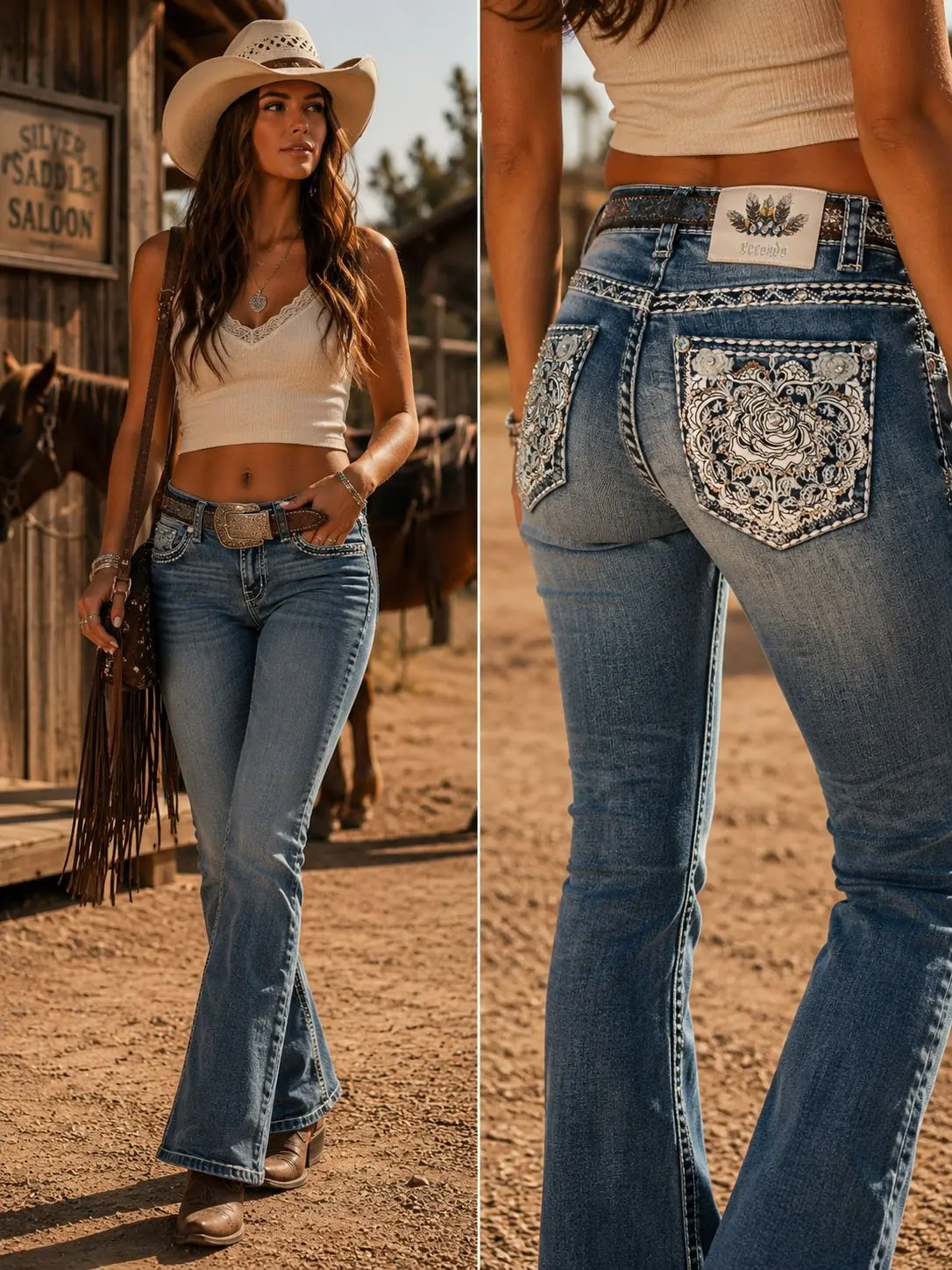 Recondo Women's Aesthetic Cowboy Western Jeans, Classic Cowboy Denim Bottoms with Bling-Bling Rhinestone Details, Crystal-Studded Embellishments