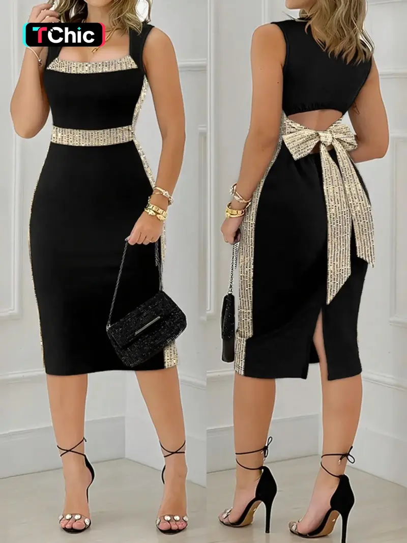 slim fit dress slacks Guess Womens Chain Strap Bodycon Dress, Black, 12 main image 1