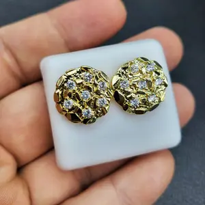 MaxBling81 Unisex High-Quality Brass Gold Nugget Cookie-Shaped Iced Stud Earrings - 3 Sizes (12mm/14mm/16mm) Cubic Zirconia Statement Costume Jewelry for Everyday Wear, Nugget Earrings, Gold Nugget Earrings